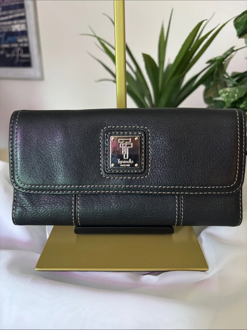 Tignanello Black Pebbled Leather Trifold Wallet